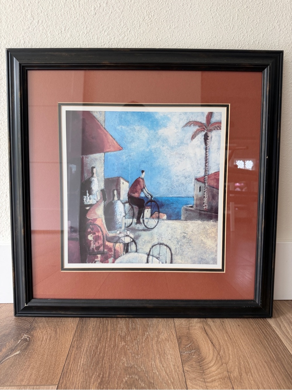 Framed Coastal Bicycle Art Print in Rust and Blue